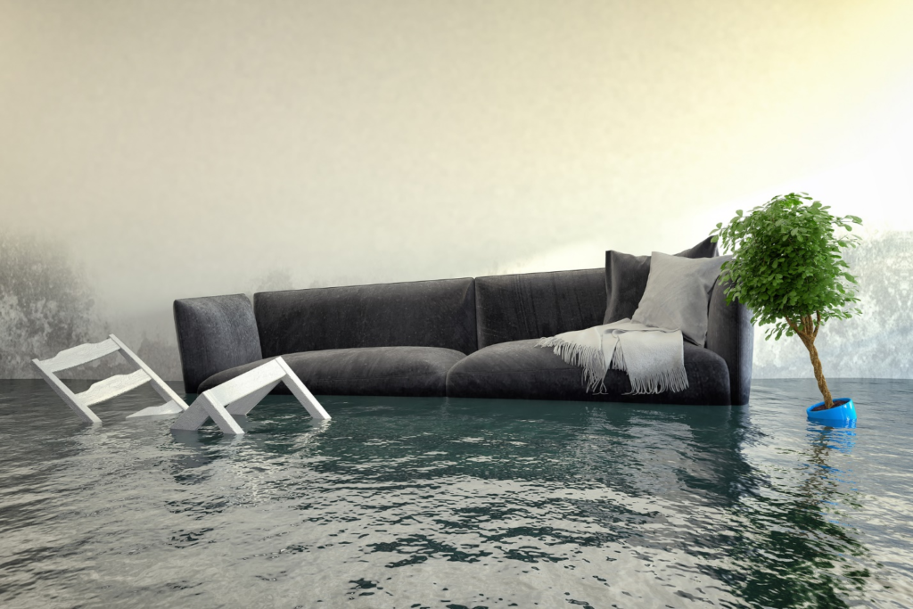 a flooded room with floating furniture