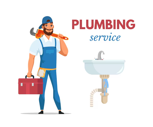 Professional plumber in uniform holding a wrench and toolbox, standing next to a sink, representing reliable plumbing services.