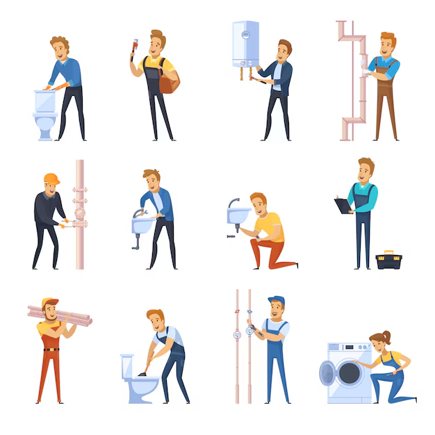 A set of icons depicting plumbers performing various services.