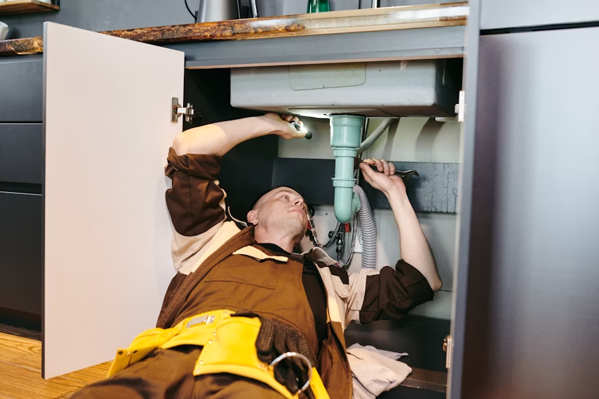 A plumber with tools in his hand laying down next to a kitchen sink.