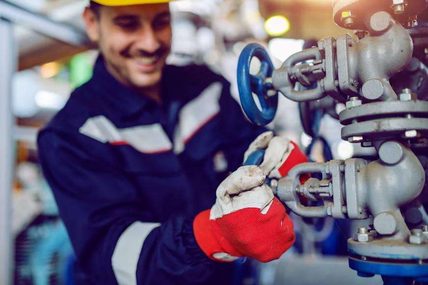 A technician twisting a handle on a machine.