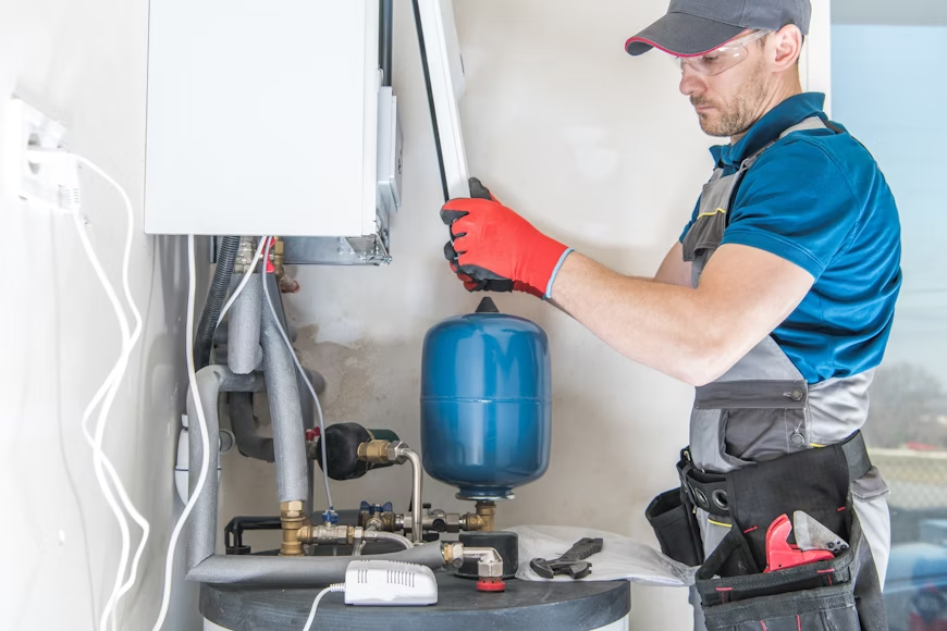 A photo of a plumber opening a cupboard. A tank and plumbing lines are shown next to him.