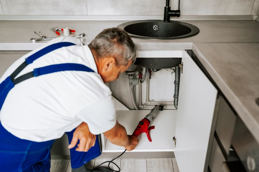  A plumber holding a plumbing tool in front of an open kitchen sink base cabinet.
