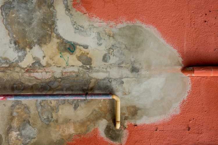 A weathered exterior wall with water damage and mold stains, featuring a rusty pipe and a drainage spout at the top.