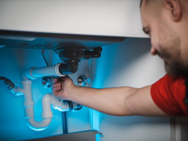 A plumber is tightening pipes under a sink, illuminated by a blue light.