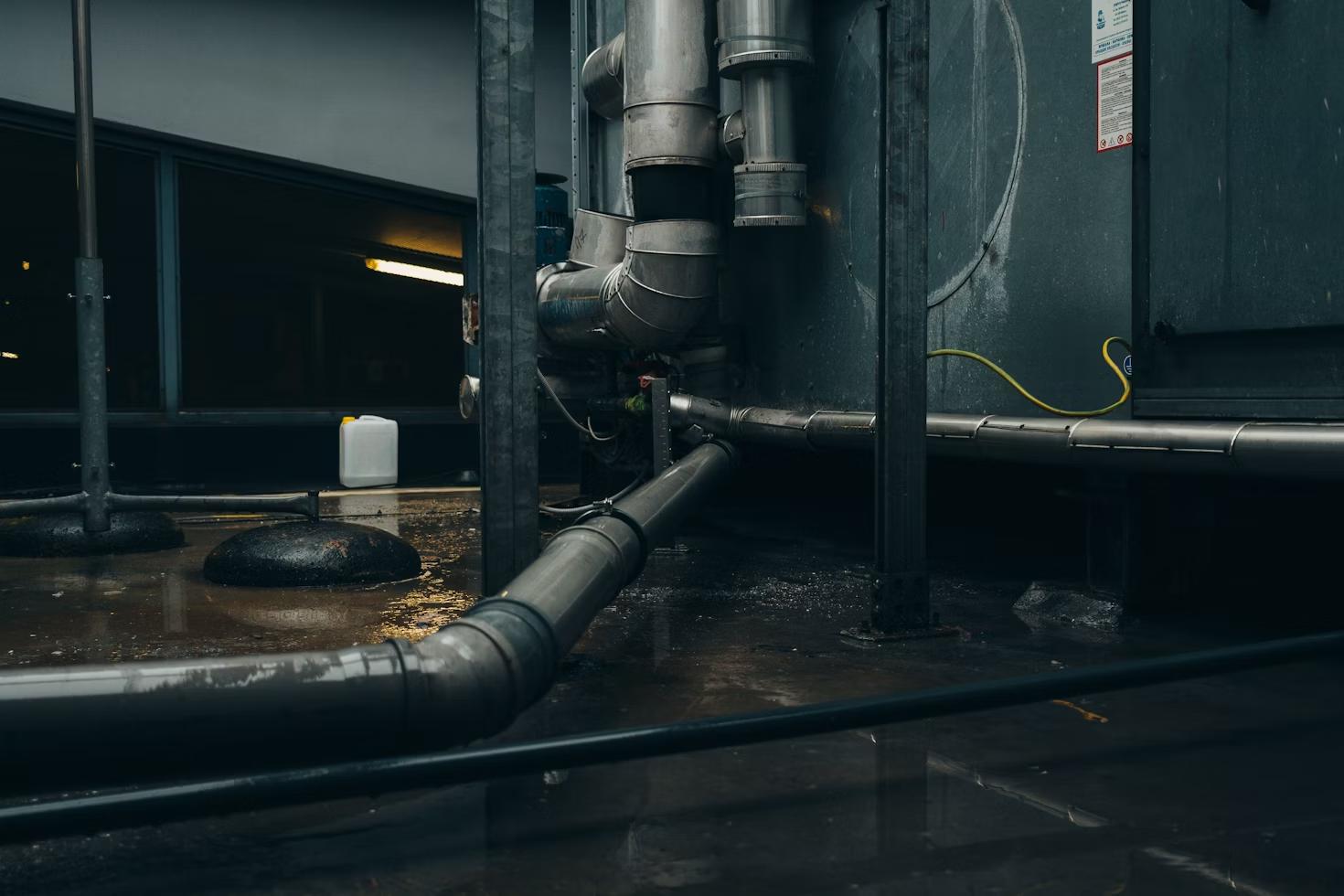 Industrial mechanical room with large HVAC pipes and water on the floor.