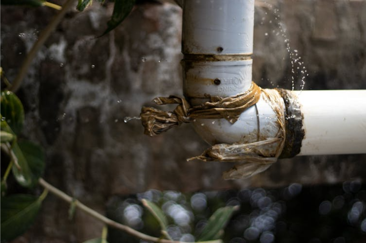 The image shows a leaking pipe wrapped with a piece of cloth, with water droplets falling from the joint.