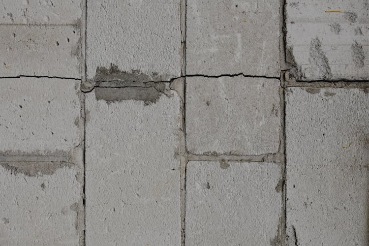 The image shows a close-up of a concrete wall with visible cracks between the blocks.