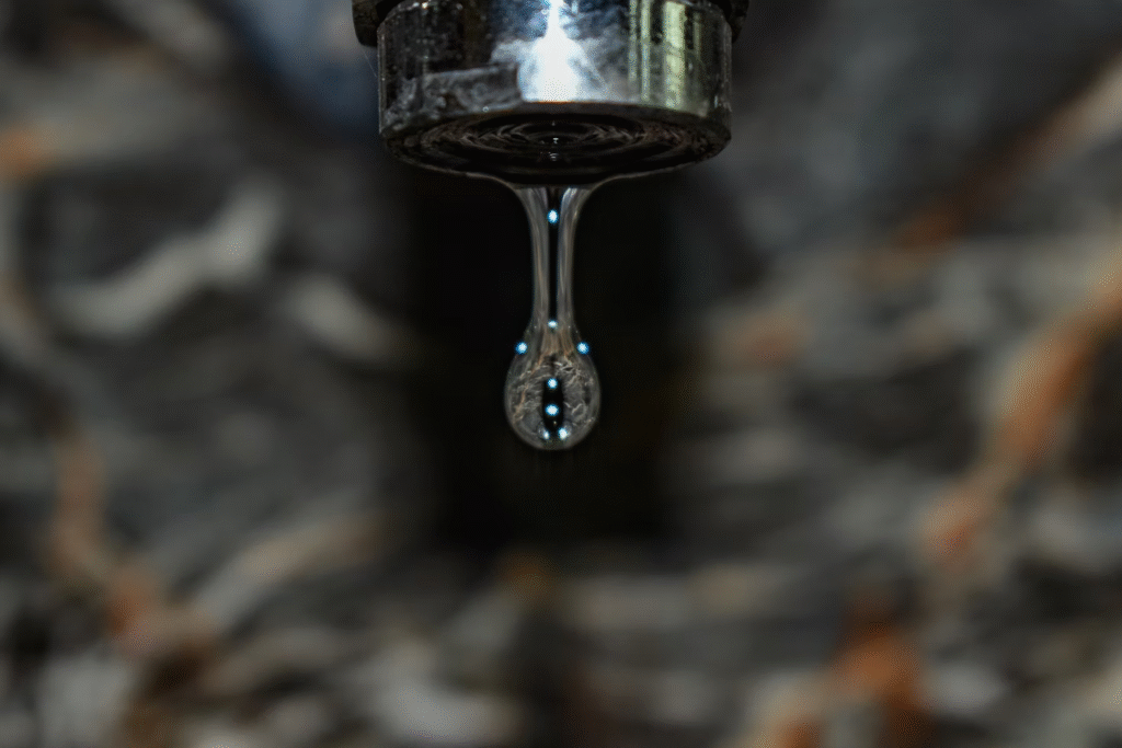 The image shows a close-up of a water droplet forming and hanging from the tip of a faucet.