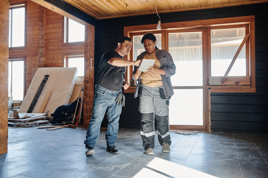Two construction workers are discussing something on a digital tablet inside a partially finished wooden building.
