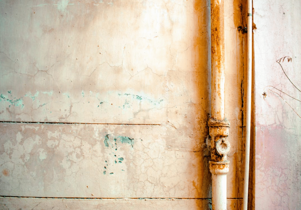 A close-up of a weathered wall with peeling paint and rusty pipes running vertically along its surface.