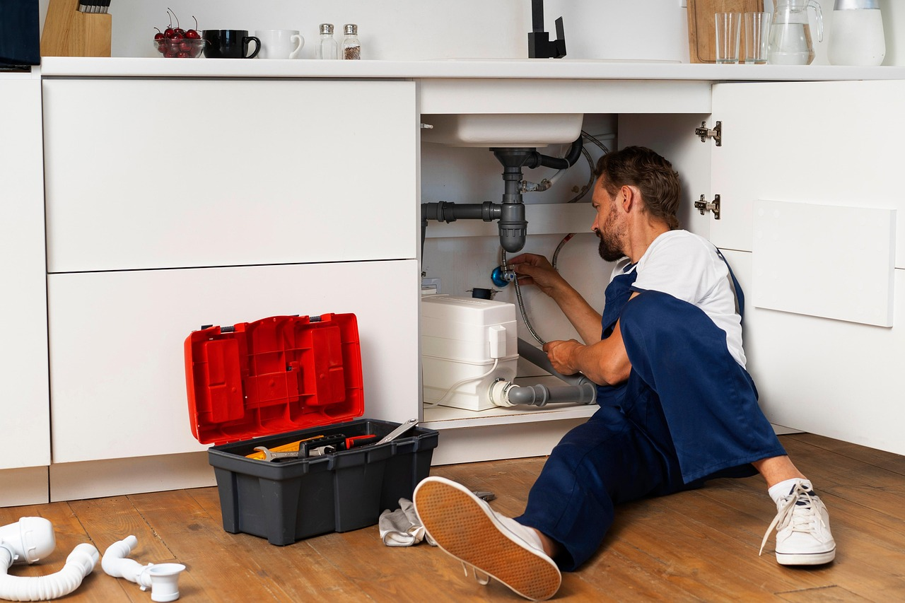 The image shows a plumber working under a kitchen sink, using tools to repair the pipes, with a toolbox and various parts nearby.