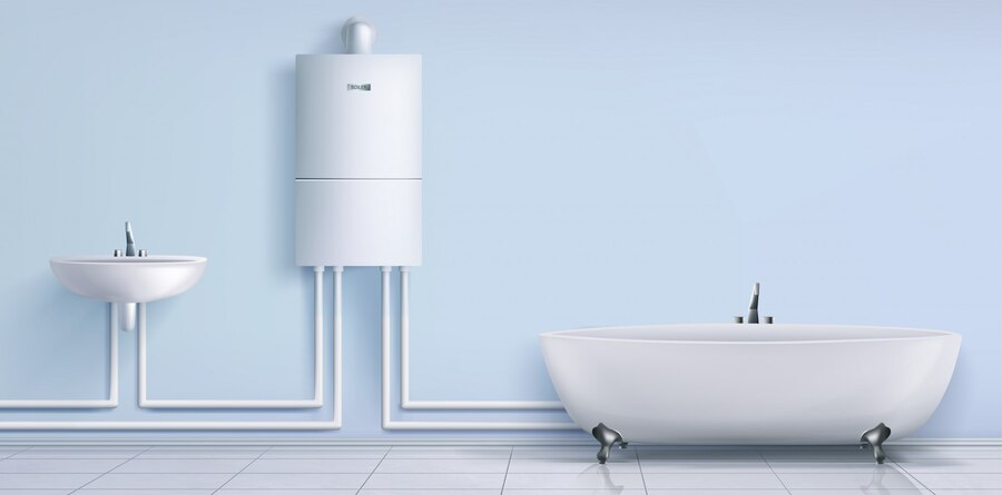 An image of a white water heater, tub, and sink in a bathroom
