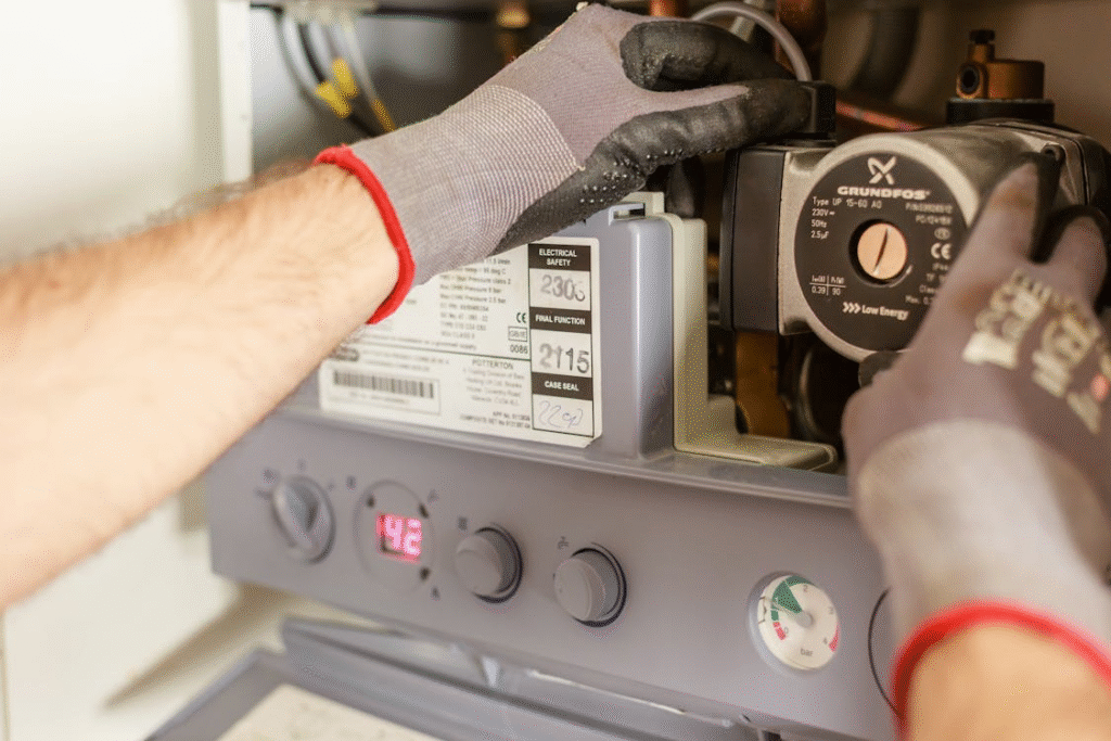 Gloved hands are adjusting components inside a boiler or heating unit with gauges and control knobs visible.
