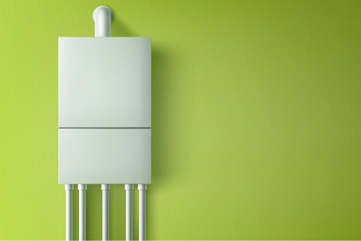 A boiler water heater with plastic tubes on green wall