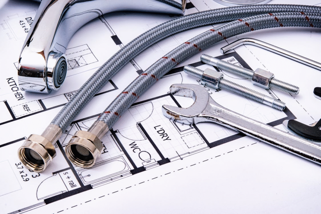 Plumbing tools, flexible hoses, and fittings are laid out on top of a kitchen and bathroom floor plan blueprint.