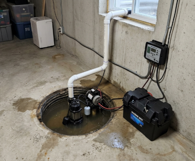 A battery backup sump pump is placed in a pit of water in a basement.
